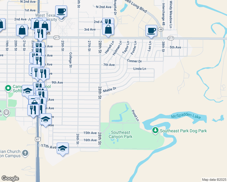 map of restaurants, bars, coffee shops, grocery stores, and more near 2914 Mable Drive in Canyon