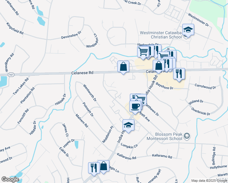 map of restaurants, bars, coffee shops, grocery stores, and more near 2158 Ebinport Road in Rock Hill
