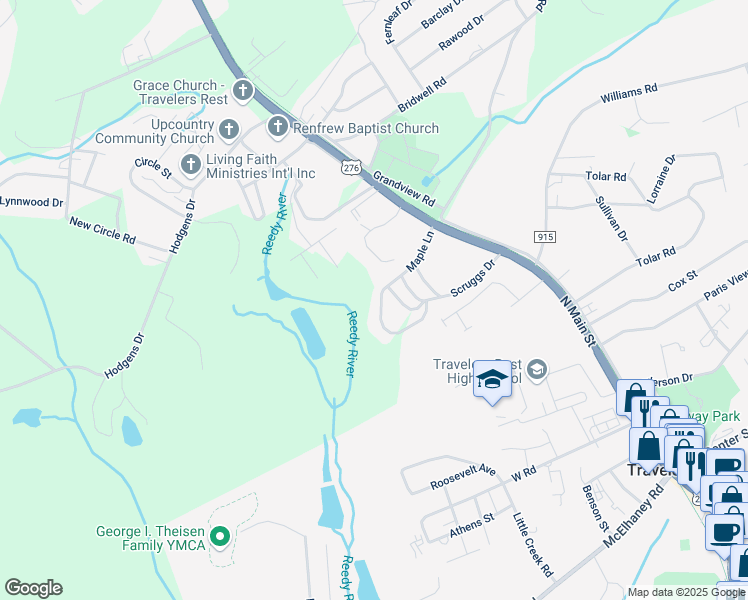 map of restaurants, bars, coffee shops, grocery stores, and more near 1 Maple Lane in Travelers Rest