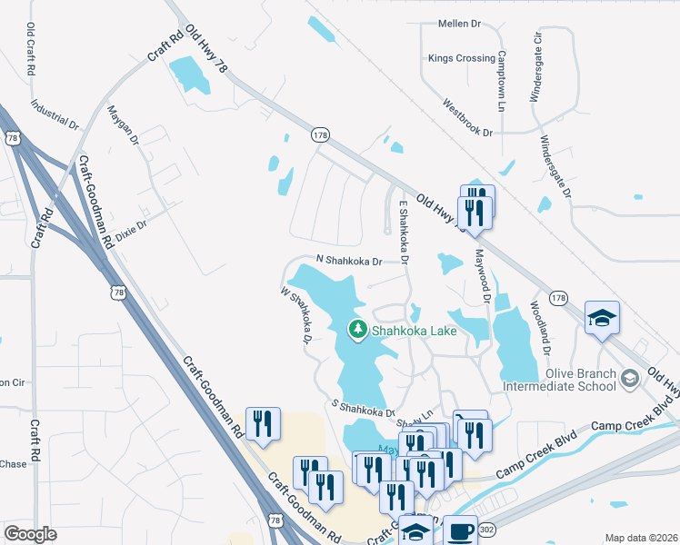 map of restaurants, bars, coffee shops, grocery stores, and more near 7925 South Shahkoka Drive in Olive Branch
