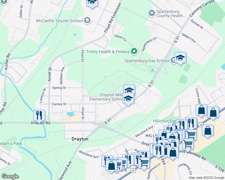 map of restaurants, bars, coffee shops, grocery stores, and more near 35 Carney Street in Drayton