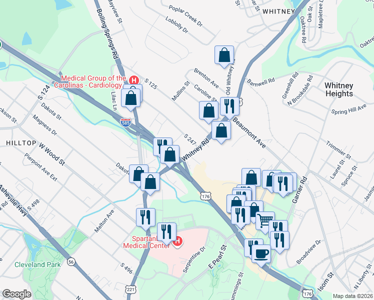 map of restaurants, bars, coffee shops, grocery stores, and more near 354 Whitney Road in Spartanburg