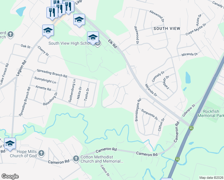 map of restaurants, bars, coffee shops, grocery stores, and more near 3230 Killberry Place in Hope Mills