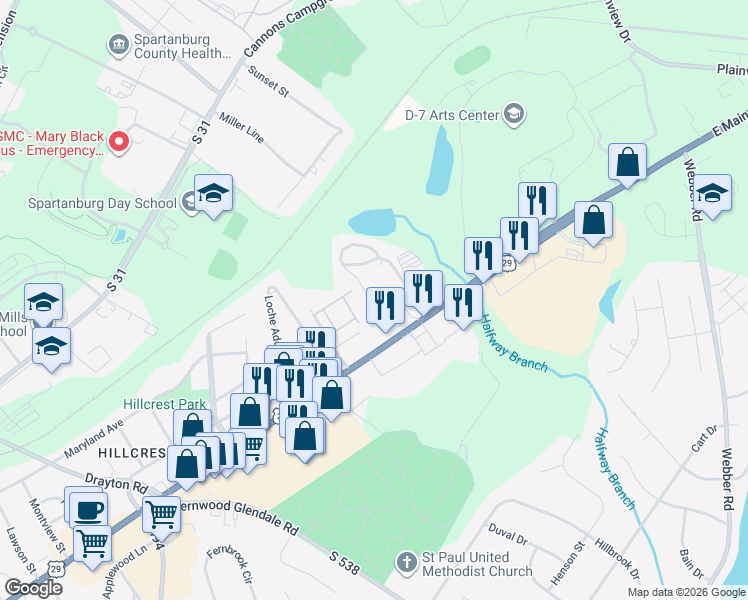 map of restaurants, bars, coffee shops, grocery stores, and more near 2096 East Main Street in Spartanburg
