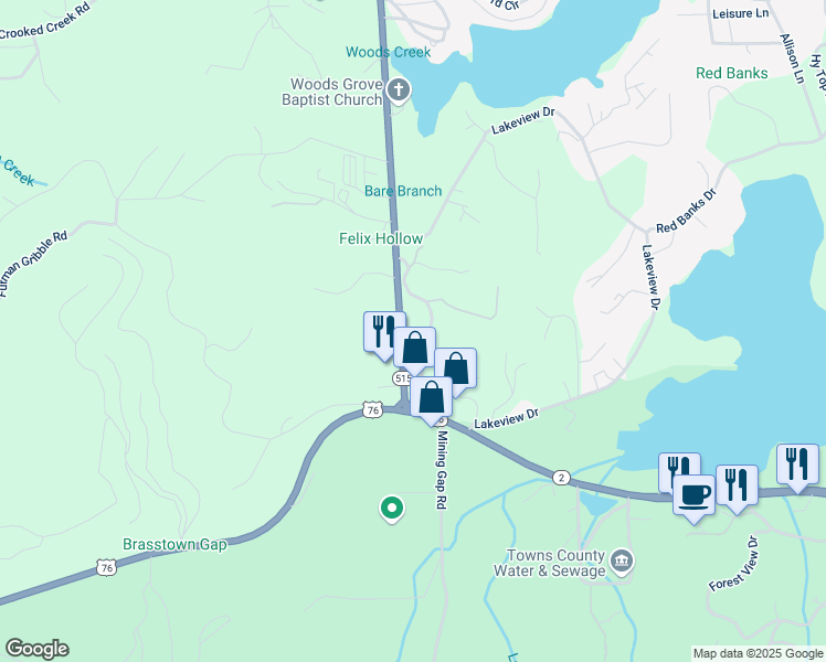 map of restaurants, bars, coffee shops, grocery stores, and more near 1717 Georgia 17 in Young Harris
