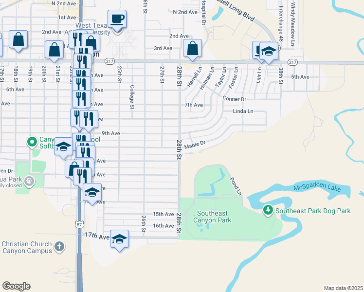 map of restaurants, bars, coffee shops, grocery stores, and more near 2801 Mable Drive in Canyon