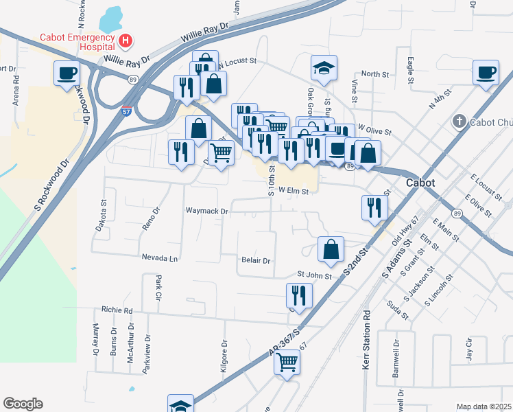 map of restaurants, bars, coffee shops, grocery stores, and more near 1099 West Elm Street in Cabot