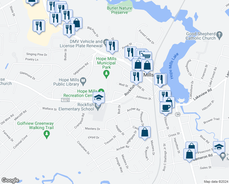 map of restaurants, bars, coffee shops, grocery stores, and more near 5720 Hilltop Street in Hope Mills