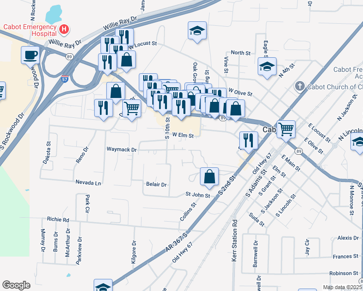 map of restaurants, bars, coffee shops, grocery stores, and more near 203 South 10th Street in Cabot
