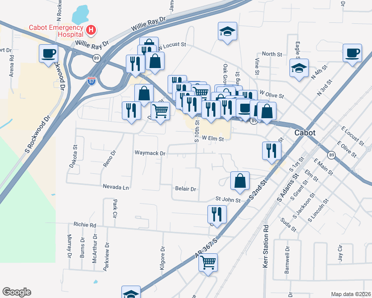 map of restaurants, bars, coffee shops, grocery stores, and more near 1099 West Elm Street in Cabot
