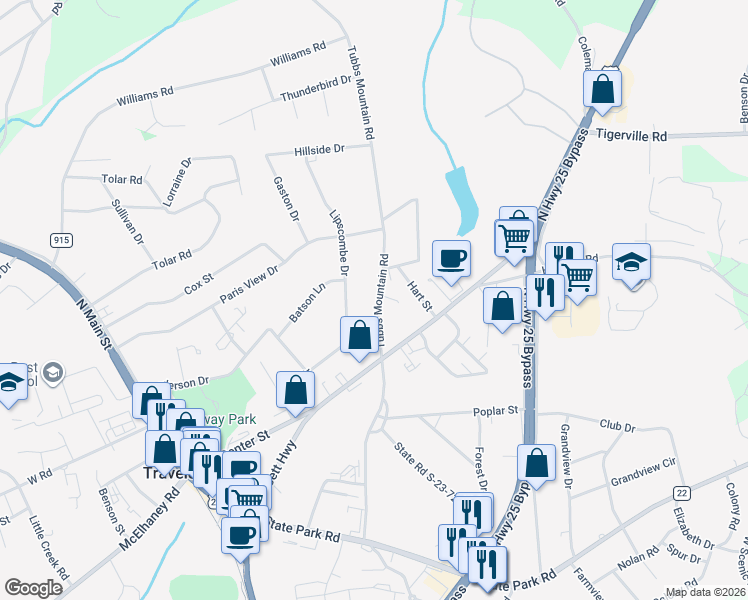 map of restaurants, bars, coffee shops, grocery stores, and more near 111 Tubbs Mountain Road in Travelers Rest