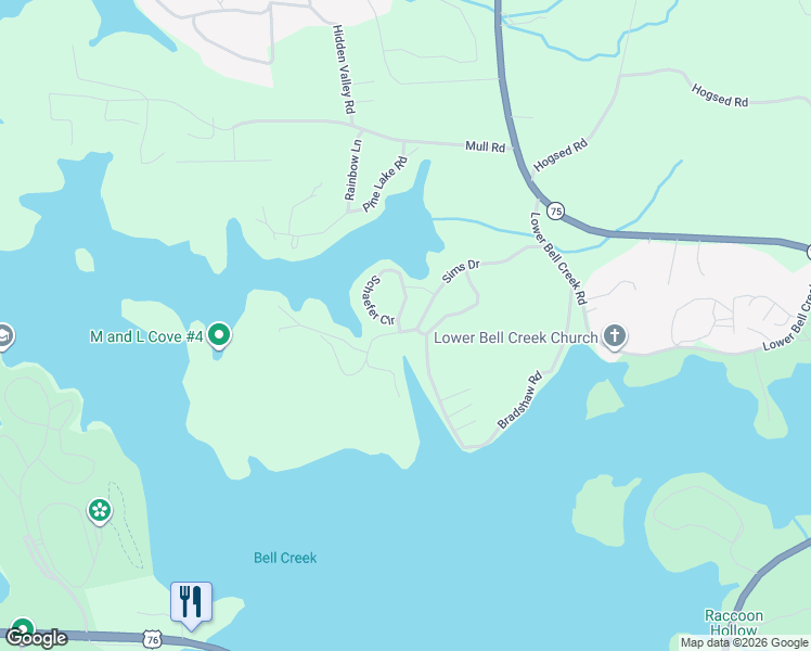 map of restaurants, bars, coffee shops, grocery stores, and more near 100 Sims Drive in Hiawassee