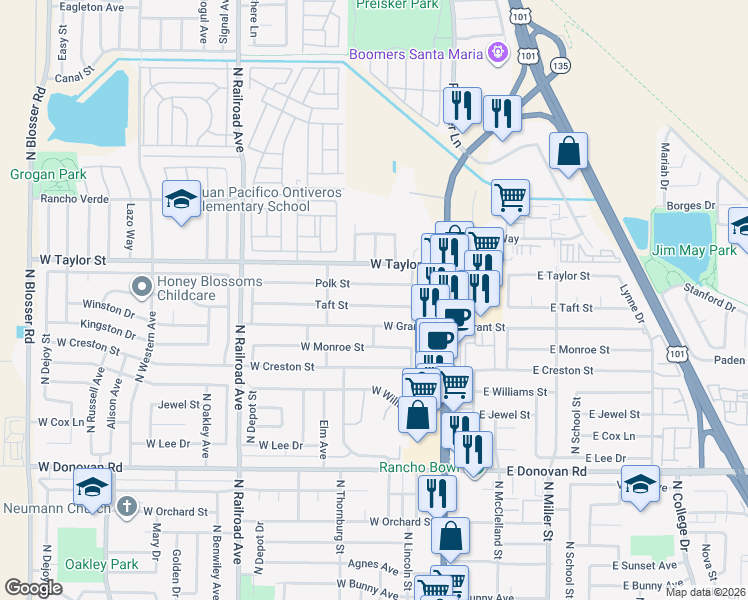 map of restaurants, bars, coffee shops, grocery stores, and more near 230 Polk Street in Santa Maria