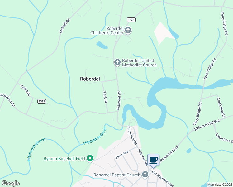 map of restaurants, bars, coffee shops, grocery stores, and more near 1219 Roberdell Road in Rockingham