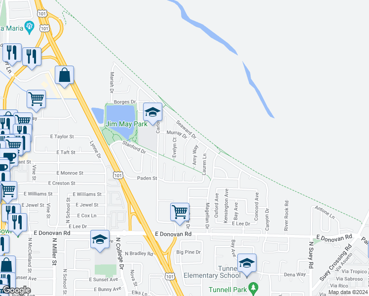 map of restaurants, bars, coffee shops, grocery stores, and more near 1848 Veronica Lane in Santa Maria