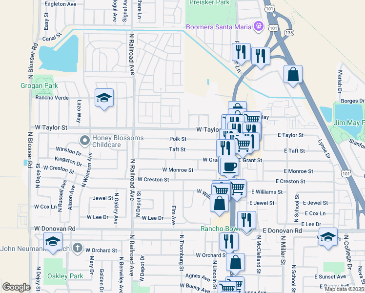 map of restaurants, bars, coffee shops, grocery stores, and more near 318 Polk Street in Santa Maria