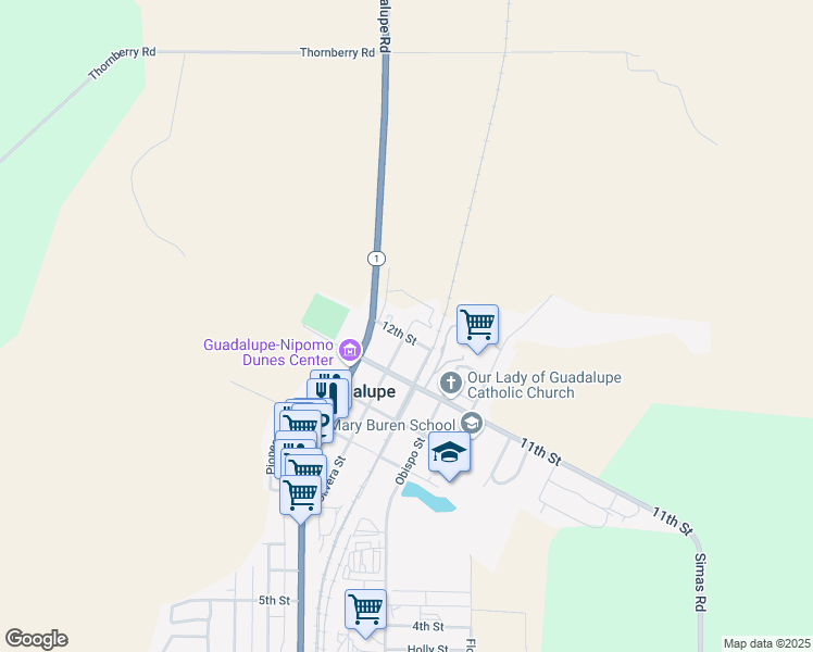 map of restaurants, bars, coffee shops, grocery stores, and more near 4573 12th Street in Guadalupe