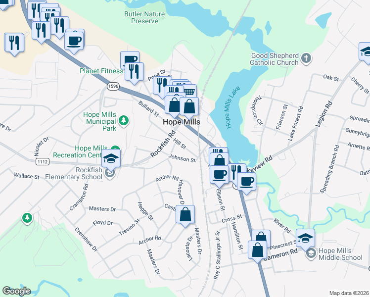 map of restaurants, bars, coffee shops, grocery stores, and more near 3512 Hill Street in Hope Mills