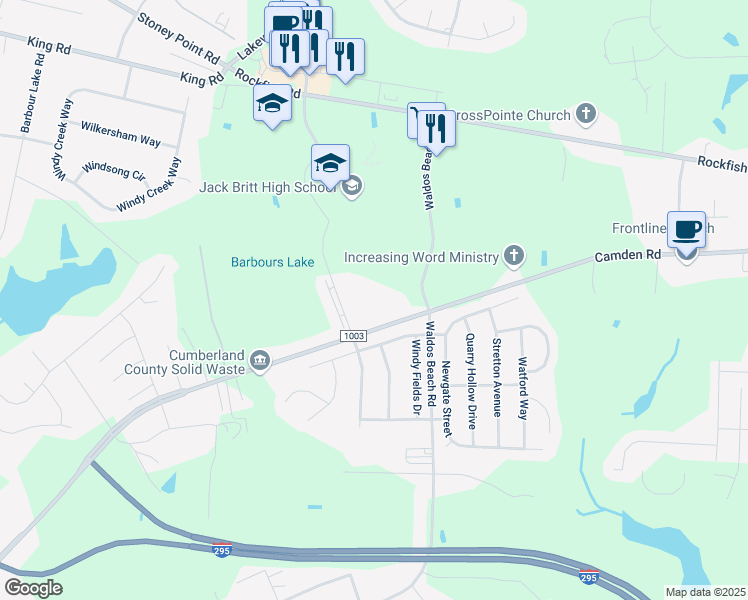 map of restaurants, bars, coffee shops, grocery stores, and more near 7236 Camden Road in Fayetteville