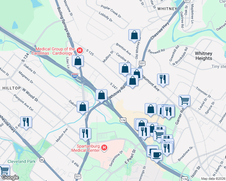 map of restaurants, bars, coffee shops, grocery stores, and more near 354 Whitney Road in Spartanburg