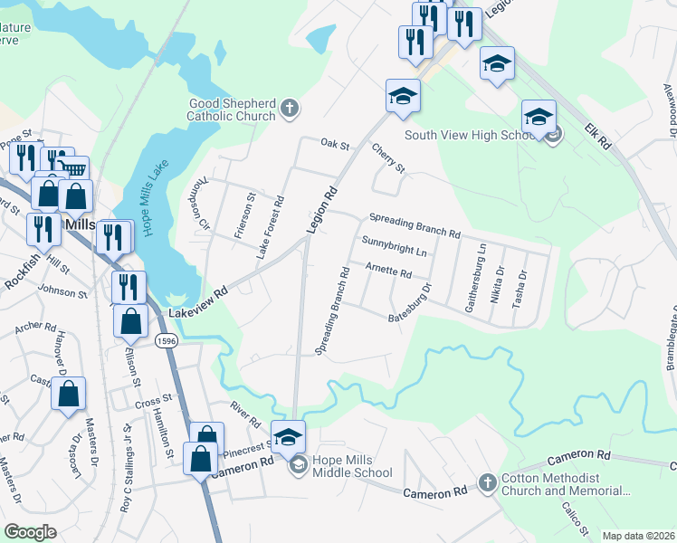 map of restaurants, bars, coffee shops, grocery stores, and more near 5708 Spreading Branch Road in Hope Mills