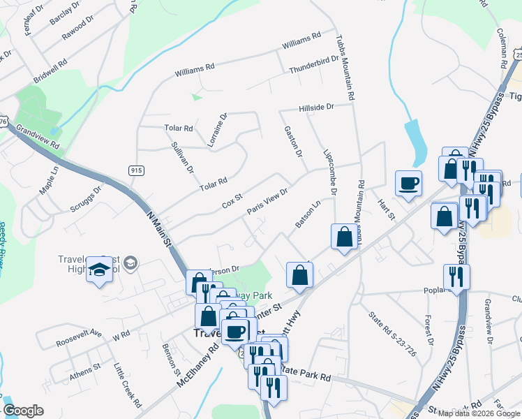 map of restaurants, bars, coffee shops, grocery stores, and more near 110 Paris View Drive in Travelers Rest