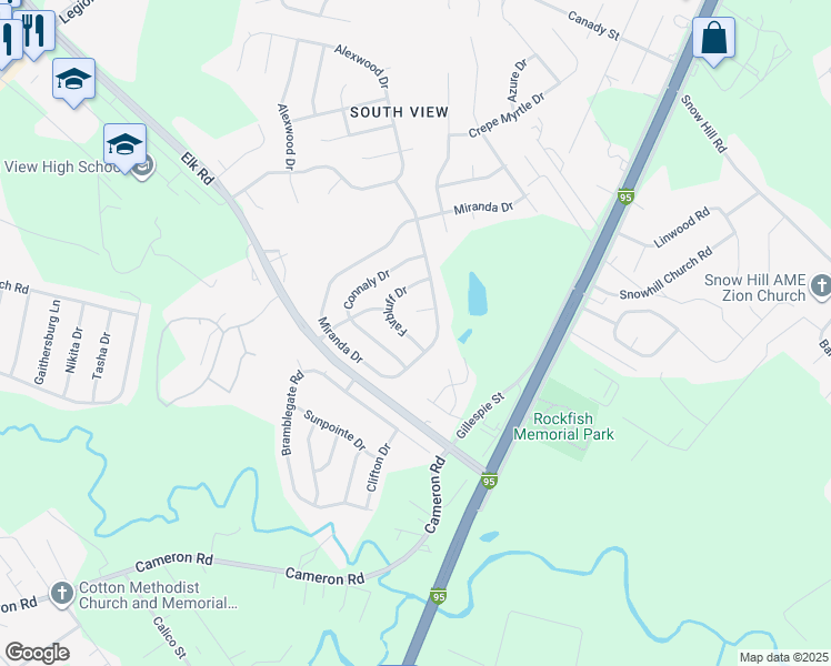 map of restaurants, bars, coffee shops, grocery stores, and more near 719 Fairbluff Drive in Hope Mills