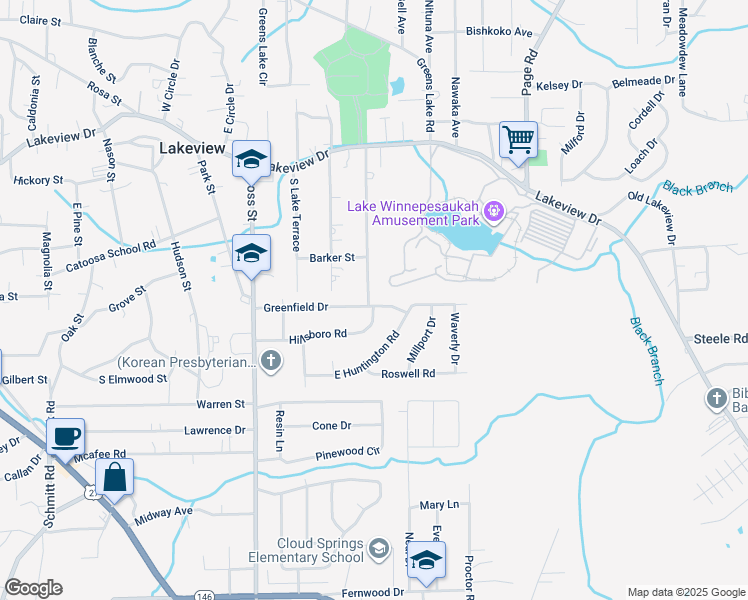 map of restaurants, bars, coffee shops, grocery stores, and more near 301 Greenfield Drive in Rossville