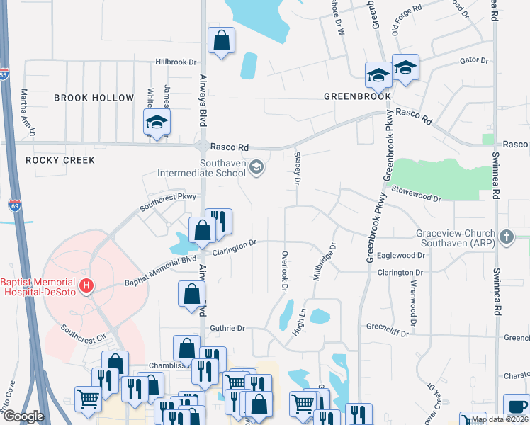 map of restaurants, bars, coffee shops, grocery stores, and more near 7714 Lilly Lane in Southaven