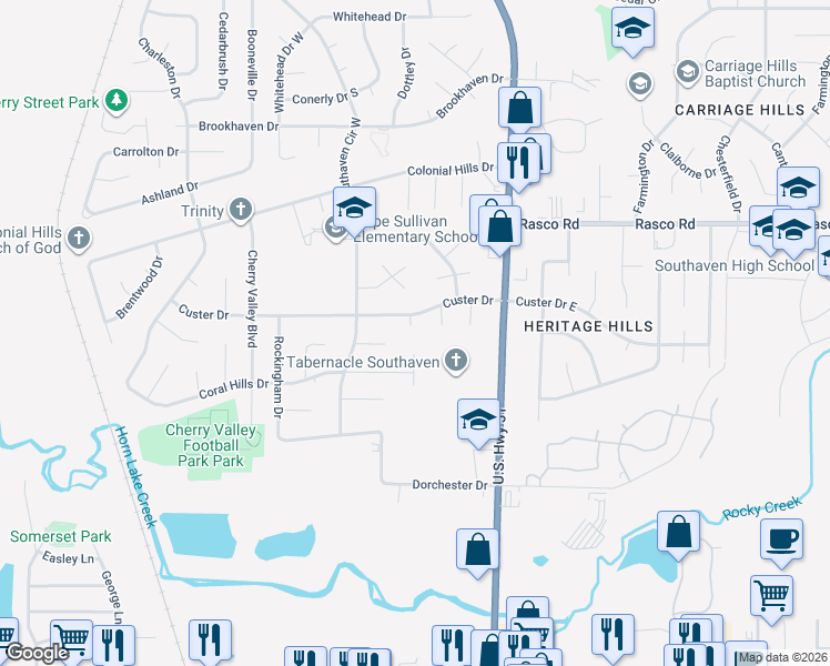 map of restaurants, bars, coffee shops, grocery stores, and more near 7778 Auburn Cove in Southaven