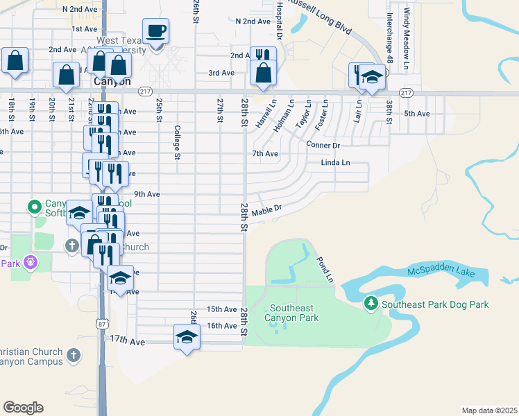 map of restaurants, bars, coffee shops, grocery stores, and more near 2805 Mable Drive in Canyon