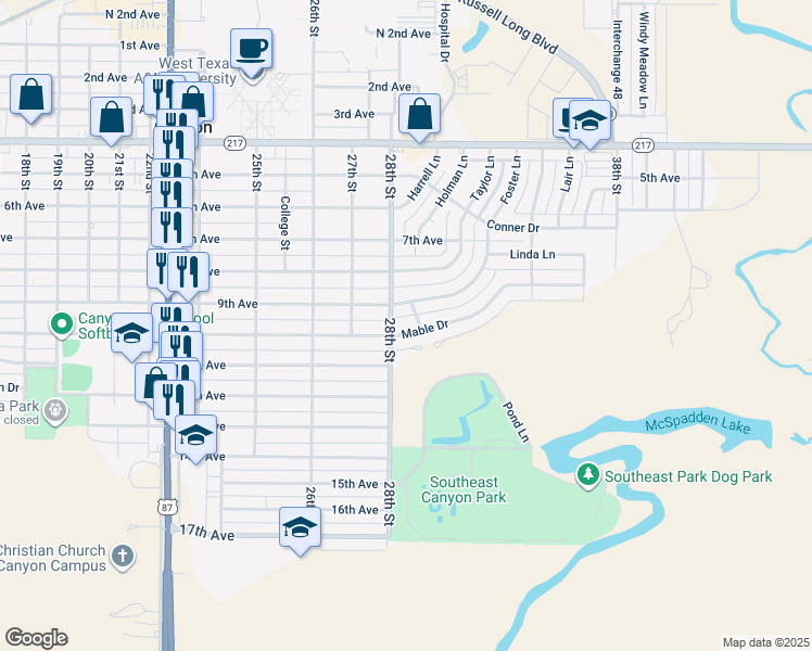 map of restaurants, bars, coffee shops, grocery stores, and more near 2805 Mable Drive in Canyon