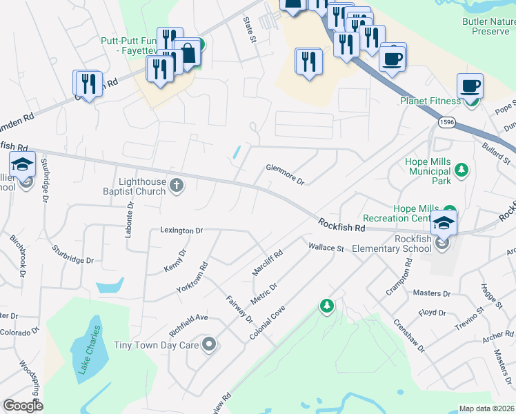 map of restaurants, bars, coffee shops, grocery stores, and more near 3517 Rittenour Drive in Hope Mills