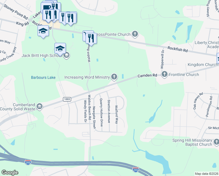 map of restaurants, bars, coffee shops, grocery stores, and more near 3816 Newgate Street in Fayetteville