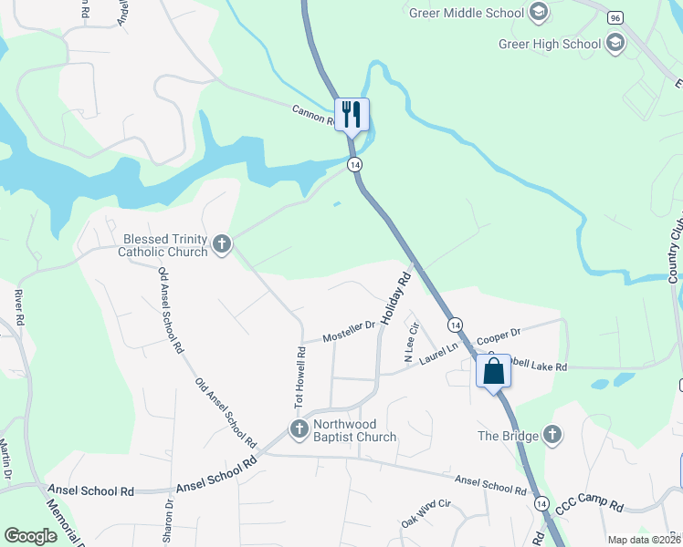 map of restaurants, bars, coffee shops, grocery stores, and more near 22 Birch Tree Road in Greer