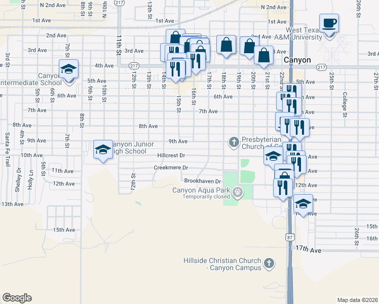 map of restaurants, bars, coffee shops, grocery stores, and more near 1417 Hillcrest Dr in Canyon