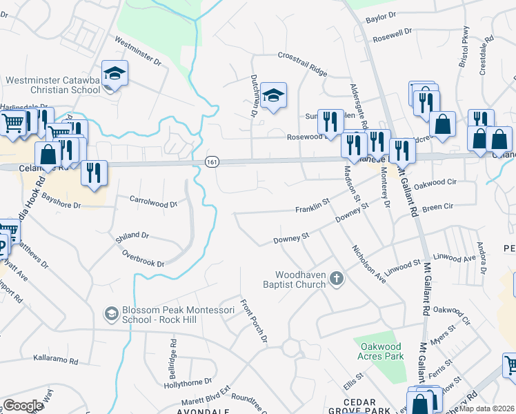 map of restaurants, bars, coffee shops, grocery stores, and more near 1941 Franklin Street in Rock Hill