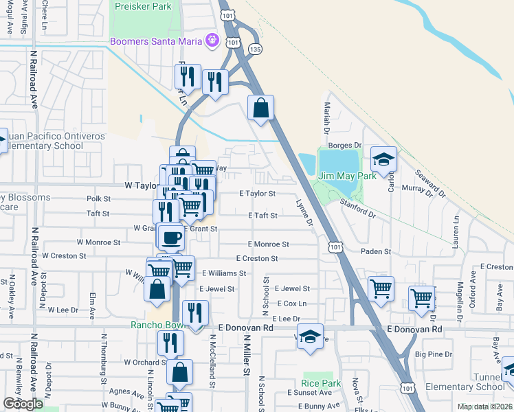 map of restaurants, bars, coffee shops, grocery stores, and more near 1856 North Miller Street in Santa Maria