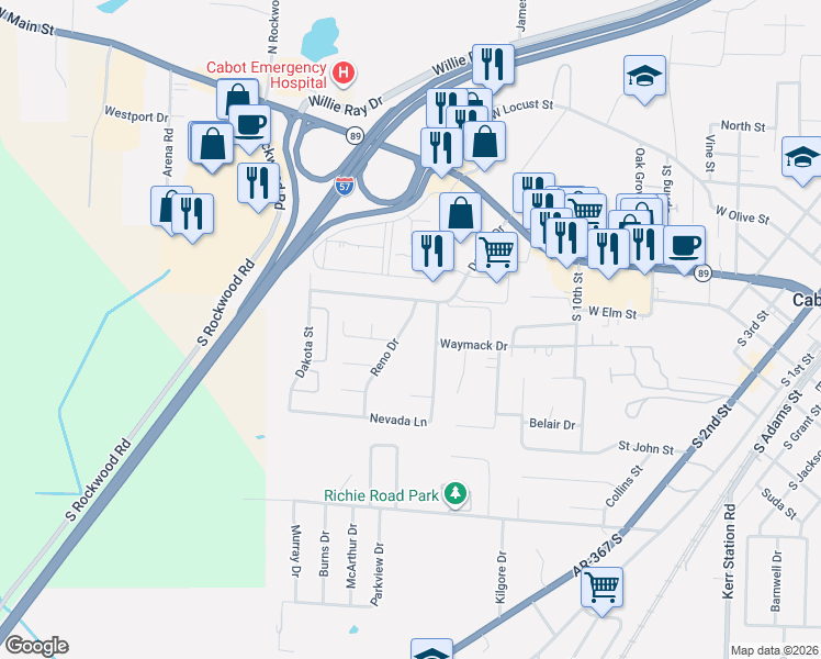 map of restaurants, bars, coffee shops, grocery stores, and more near 34 Reno Drive in Cabot