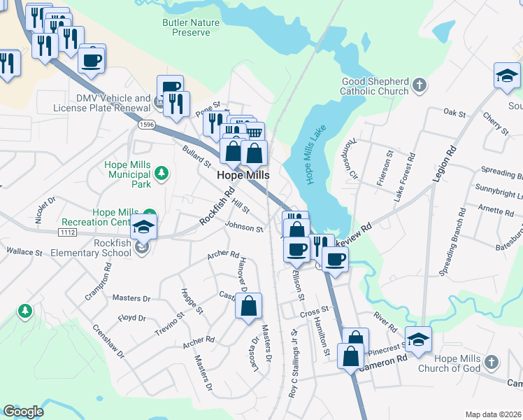 map of restaurants, bars, coffee shops, grocery stores, and more near 3526 Bullard Street in Hope Mills