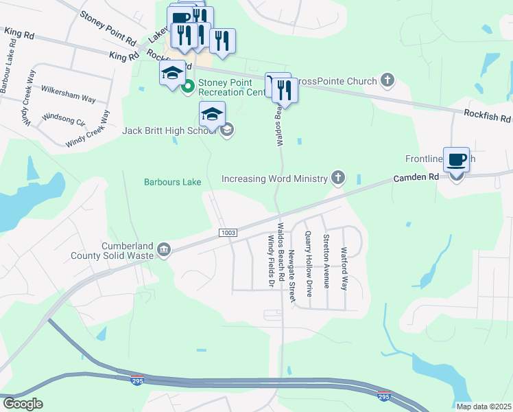 map of restaurants, bars, coffee shops, grocery stores, and more near 3722 Queen Anne Loop in Fayetteville