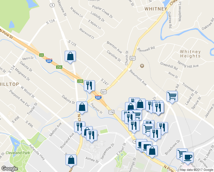 map of restaurants, bars, coffee shops, grocery stores, and more near 354 Whitney Road in Spartanburg