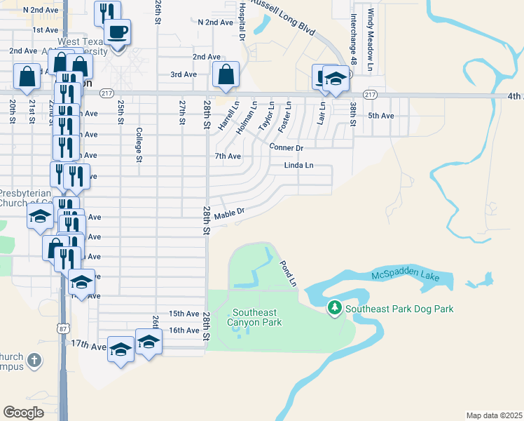 map of restaurants, bars, coffee shops, grocery stores, and more near 2914 Mable Drive in Canyon