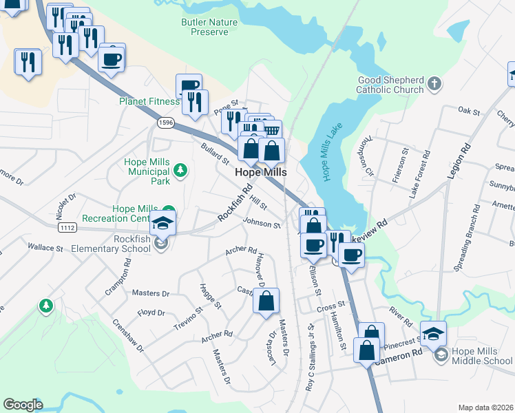 map of restaurants, bars, coffee shops, grocery stores, and more near 3512 Hill St in Hope Mills