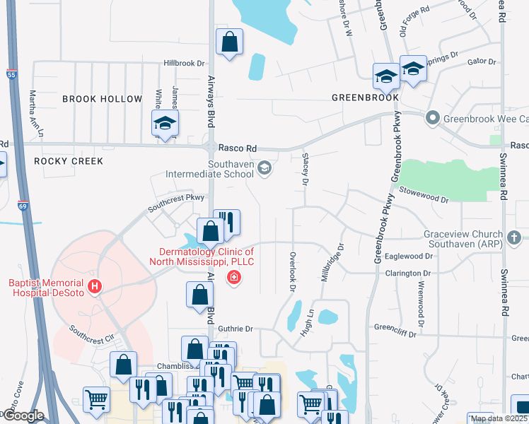map of restaurants, bars, coffee shops, grocery stores, and more near 7714 Lilly Lane in Southaven