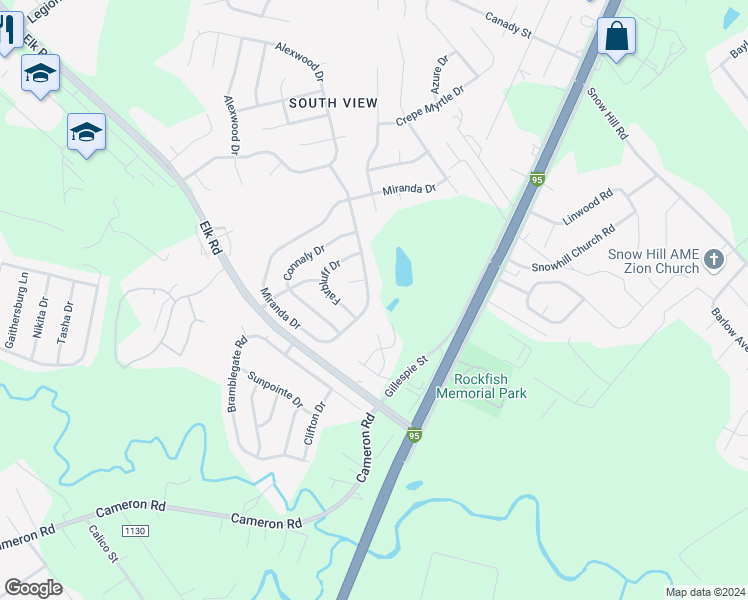 map of restaurants, bars, coffee shops, grocery stores, and more near 5017 Miranda Drive in Hope Mills