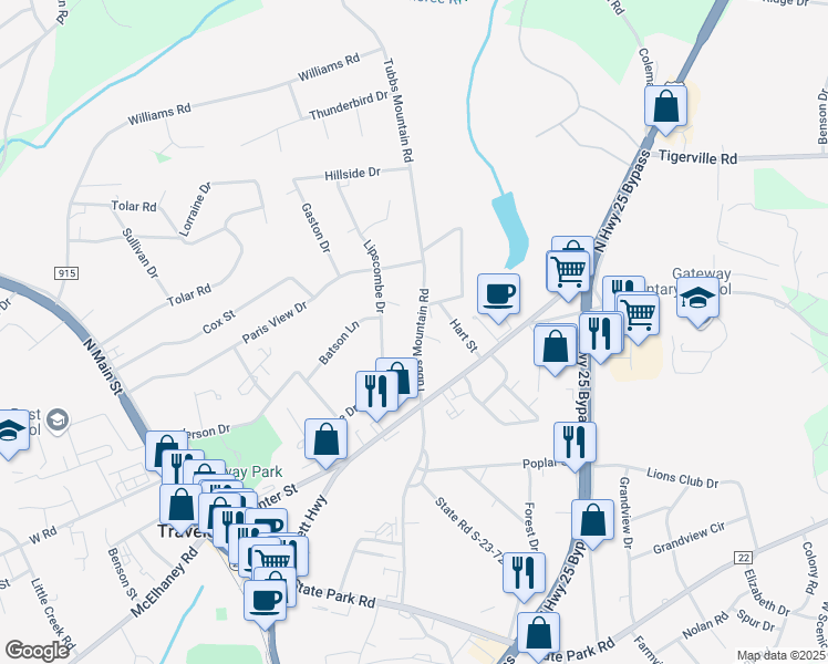 map of restaurants, bars, coffee shops, grocery stores, and more near 113 Tubbs Mountain Road in Travelers Rest