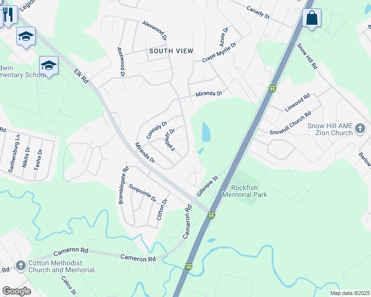 map of restaurants, bars, coffee shops, grocery stores, and more near 5012 Miranda Drive in Hope Mills