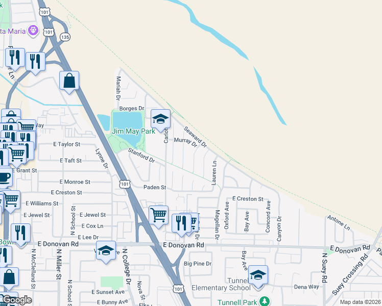 map of restaurants, bars, coffee shops, grocery stores, and more near 1851 Veronica Lane in Santa Maria