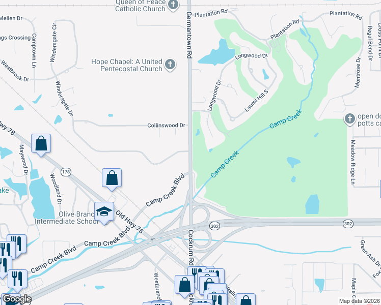 map of restaurants, bars, coffee shops, grocery stores, and more near 8032 Germantown Road in Olive Branch